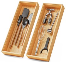 Bamboo Kitchen Drawer Organizer Boxes 14" x 5" Stackable Wood Silverware