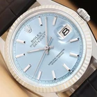 ROLEX DATEJUST 1601 ICE BLUE DIAL 18K WHITE GOLD STEEL BLACK LEATHER BAND WATCH