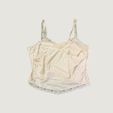Vintage Cream Satin Lace Trim Camisole Top Sleeveless Lingerie Lined V-Neck