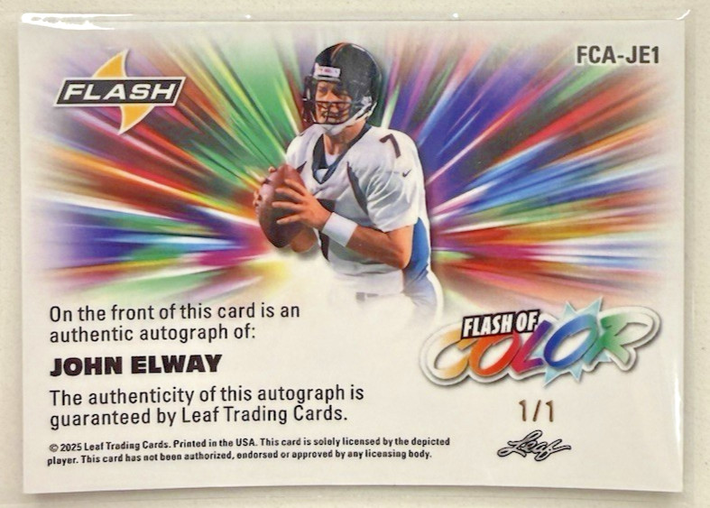 2025 Leaf Eclectic Flash Of Color Gold Prismatic Auto 1/1 John Elway #FCA-JE1 view 2