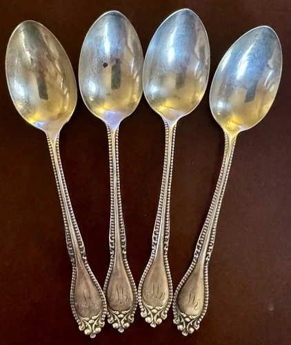 4 Wallace Bead Sterling Teaspoons – Set of Four Spoons – Engraved W Spoon