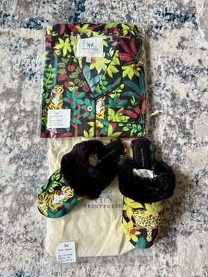 Printfresh Big Cat Energy Long Sleep Set & Velvet Slippers NWT bundle