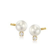 5-5.5mm Cultured Pearl Stud Earrings with Diamonds in 14kt Yellow Gold