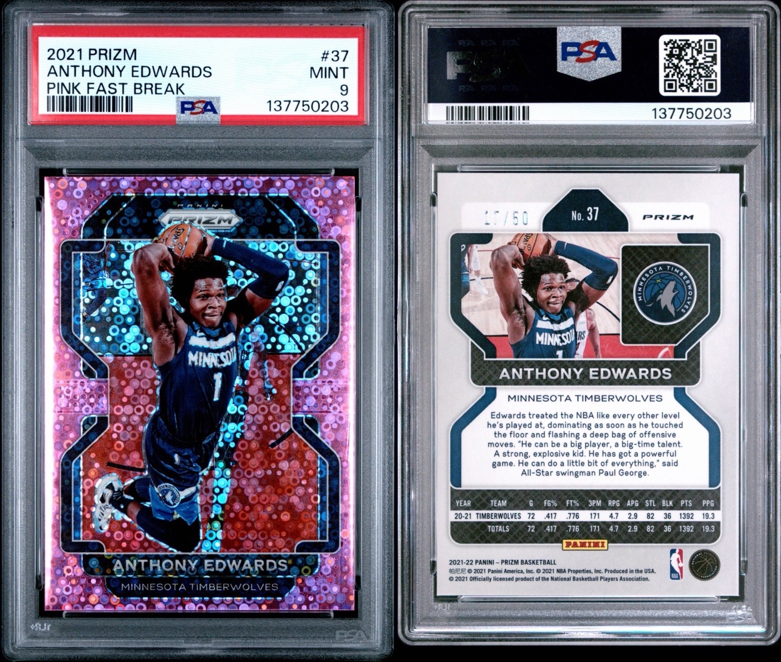 ANTHONY EDWARDS 2021-22 Panini Prizm #37 Pink Fast Break Prizm 17/50 PSA 9 Mint view 3