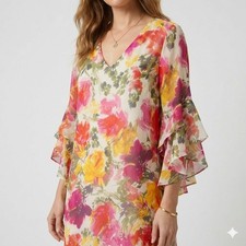 Calvin Klein Floral Chiffon Shift Dress 16 Pink Yellow Ruffle Sleeve V-Neck Mini