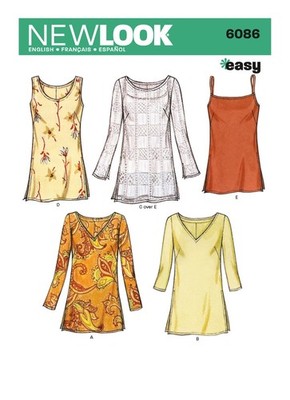 NEW LOOK 6086 MISSES TUNICS & TOPS einfaches Schnittmuster Größe 10-22 Geschicklichkeit DURCHSCHNITTLICH