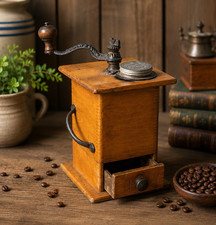 Antique Manual Hand-Crank Burr Coffee Grinder, Cast Iron Crank w/ Drawer