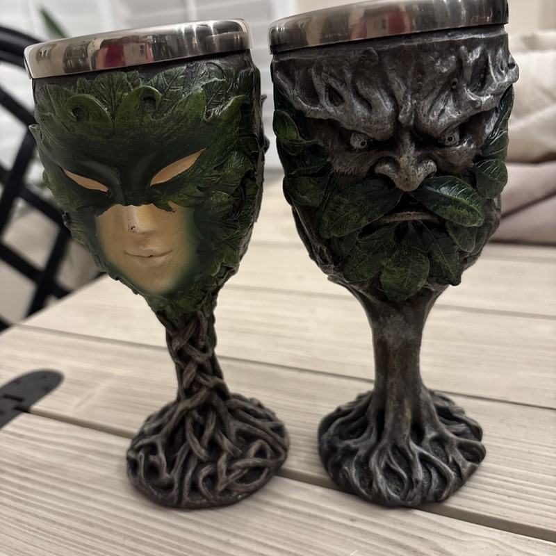 Greenman Wood Spirit 7" Goblet Chalice Hand Painted Fantasy Nature And One More