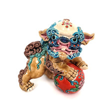Chinese Fu Foo Dog Shishi Guardian Lion Sancai Glazed Ceramic Figurine 5" height