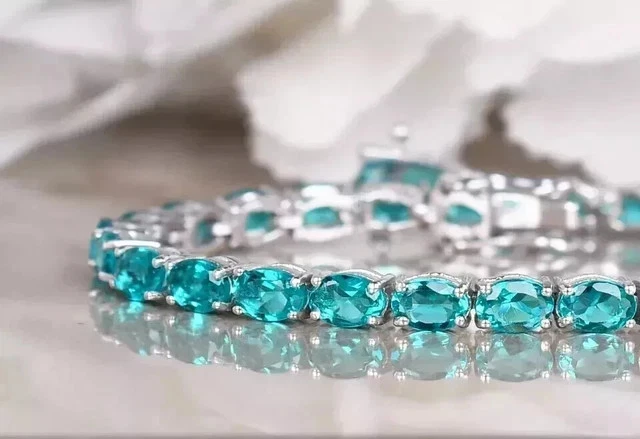 Brazalete Tenis Turmalina Paraiba Creado en Laboratorio Corte Ovalado 5CT Placa Oro 14K Wh 7" Foto 4 de 4