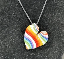 Handmade Art Glass Rainbow Heart Pendant White Accent Handblown Borosilicate