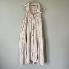 Pilcro Sleeveless Halter Swing Midi Dress Women's Tan White Striped M Seersucker