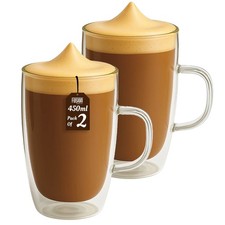 Double Walled Glass Coffee Mugs Set of 2 Hot Cold Latte Cups Transparent 450ml