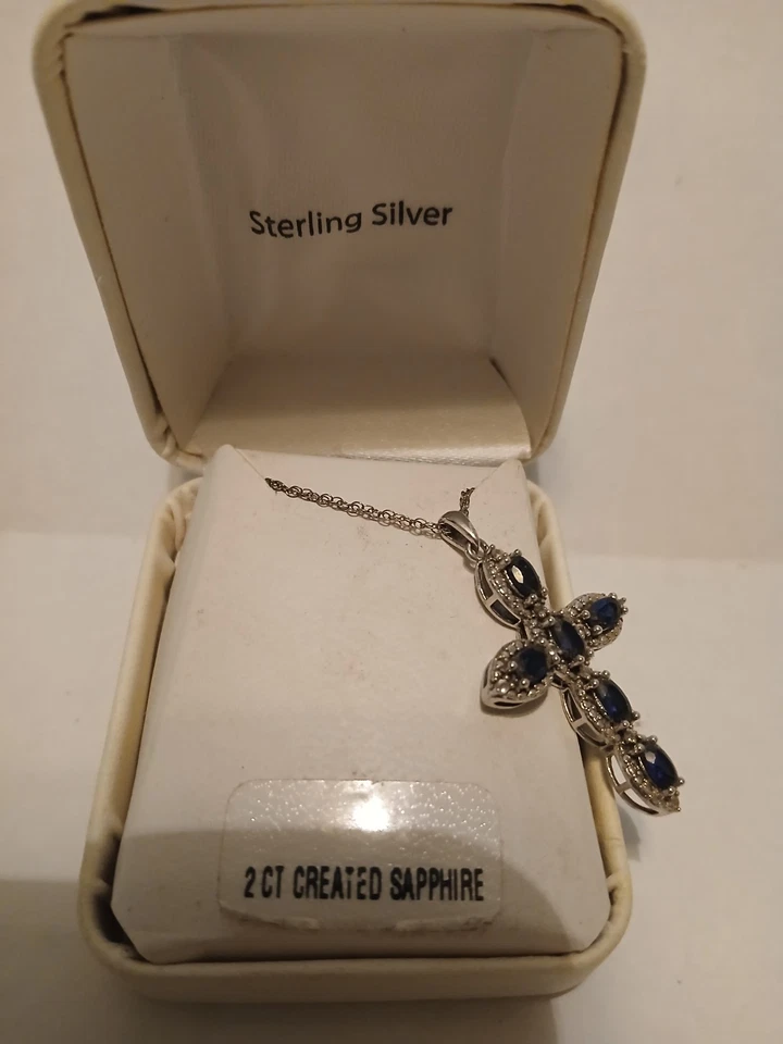New Sterling Silver 2 CT Created Sapphire Cross Pendant - Image 2 of 3