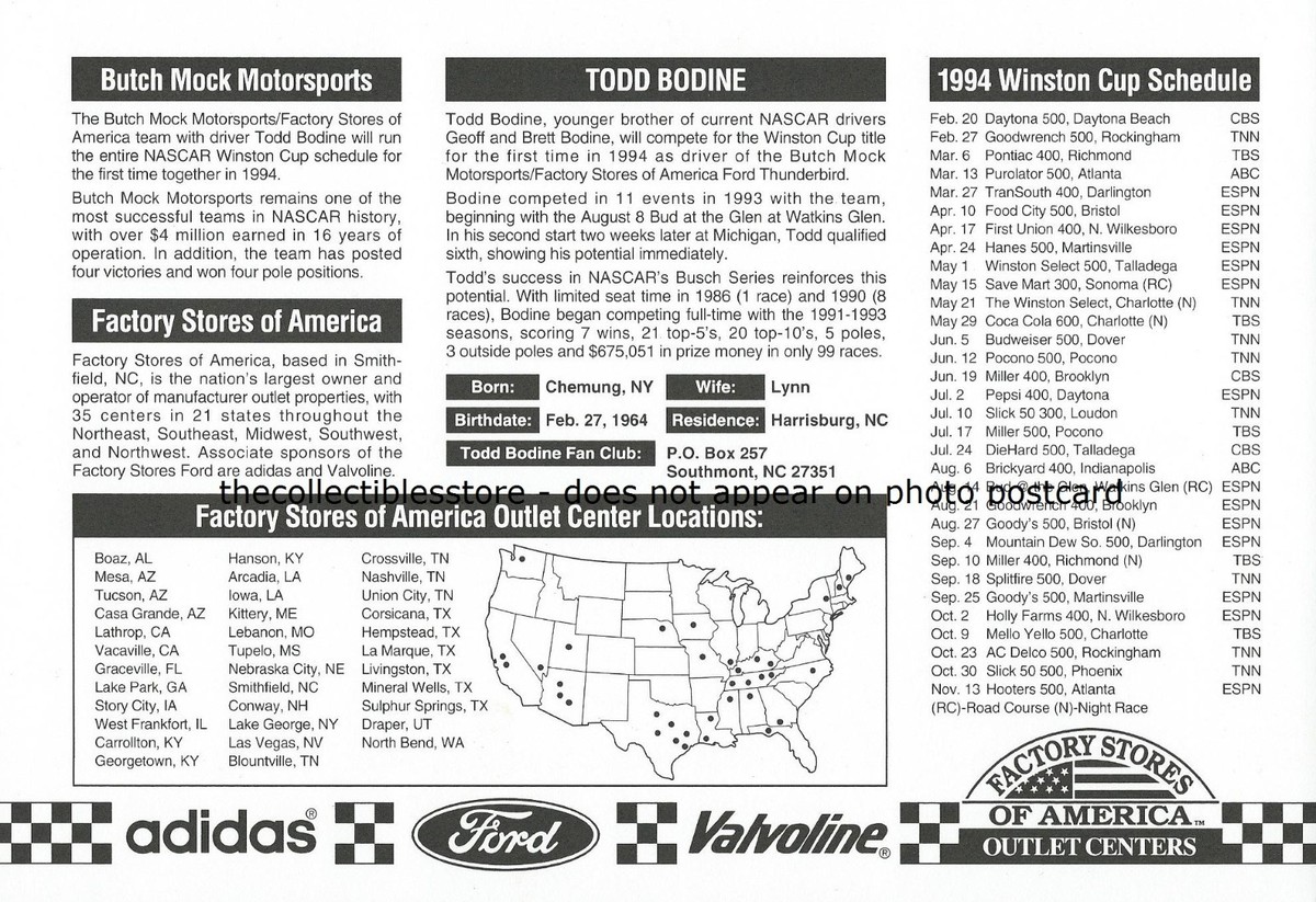 TODD BODINE AUTOGRAPHED SIGNED FACTORY STORES OF AMERICA NASCAR