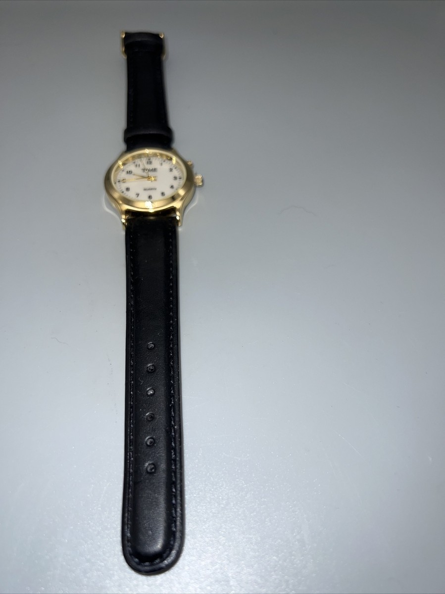 Time Watch NOS Black Leather Band Gold Tone | eBay display picture 2