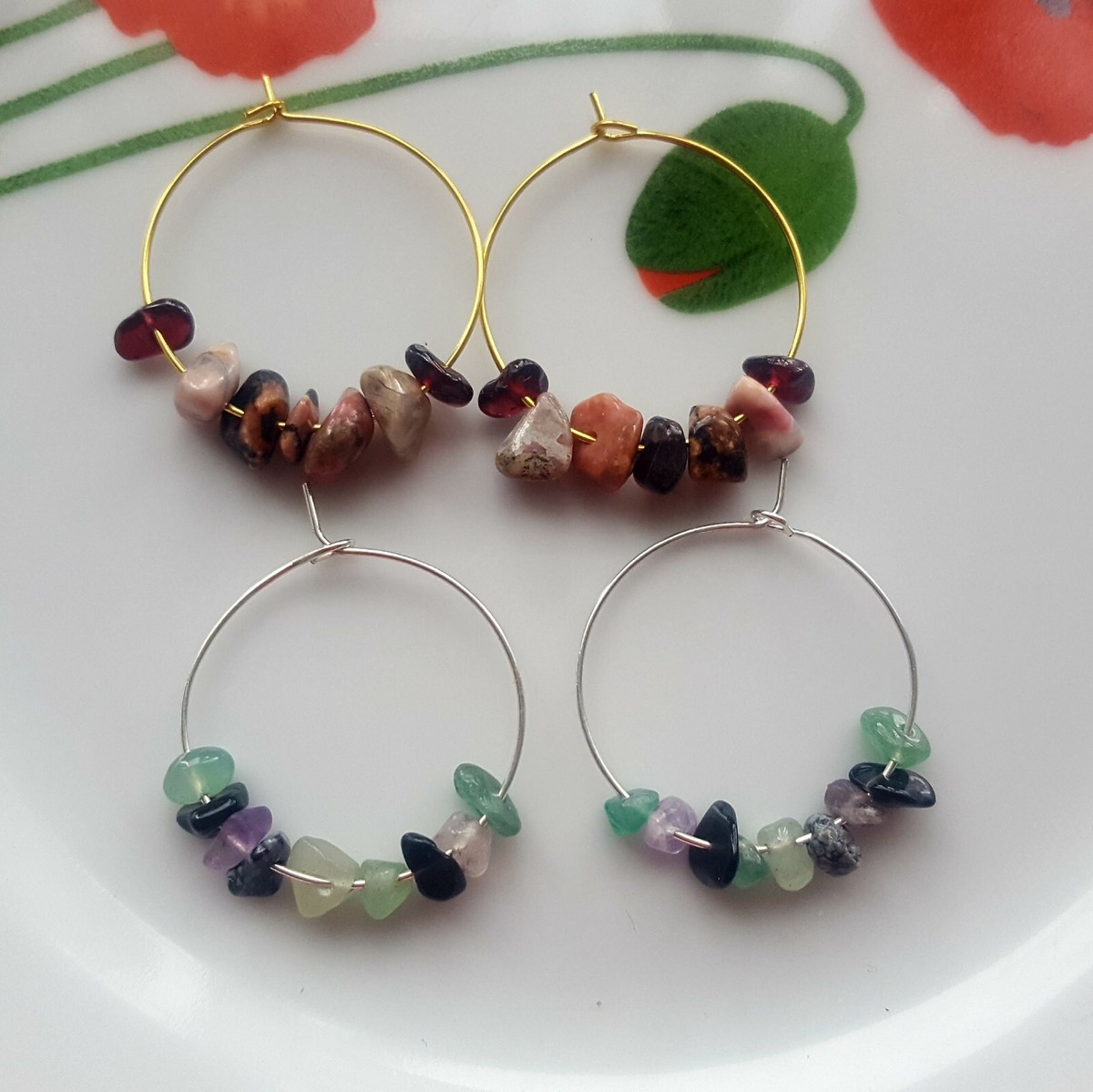 New Gorgeous Natural Stone Healing Crystal Beads Hoop Earrings set