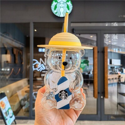 New Starbucks Korea 2022 Summer Yellow Hat Bear 473ml Glass Straw