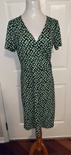 Anne Taylor Loft Dress, Green Geometric, Faux Wrap, Size 8