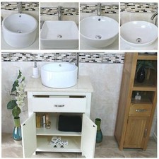 Bathroom Vanity Unit | White Painted | Cream Marble, Ceramic Basin Set