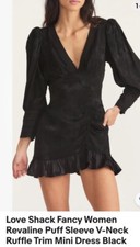 Love Shack Fancy Women Revaline Puff Sleeve V-Neck Ruffle  Mini Dress Black Sz 4
