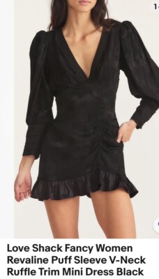 Love Shack Fancy Women Revaline Puff Sleeve V-Neck Ruffle Mini Dress Black Sz 4