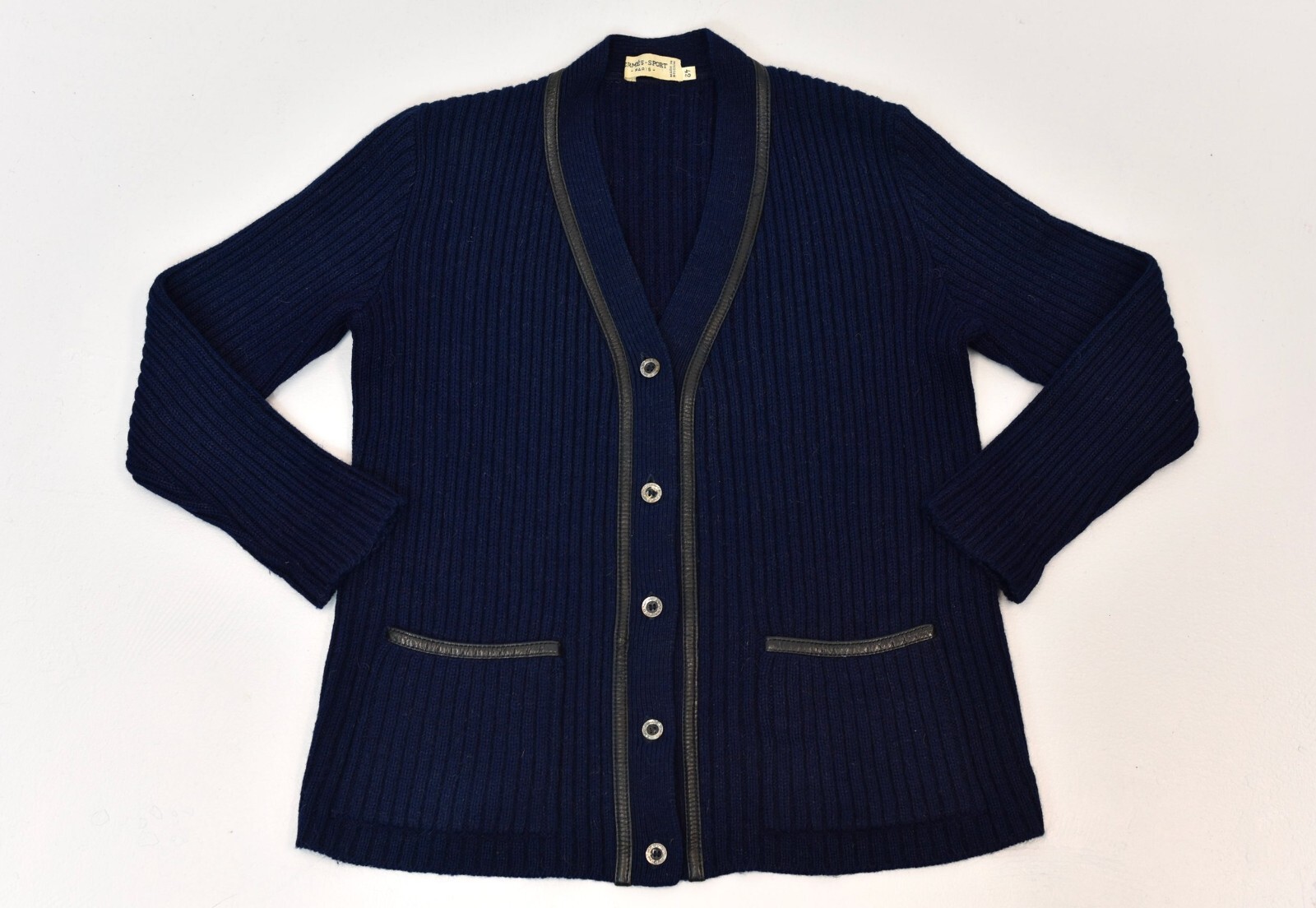 Vintage Hermes Sport Navy Blue Wool Mohair Black Leather Trim Cardigan Sweater