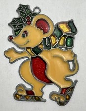 Vintage Stained Glass Christmas Ornament Mouse With Skates Sun Catcher