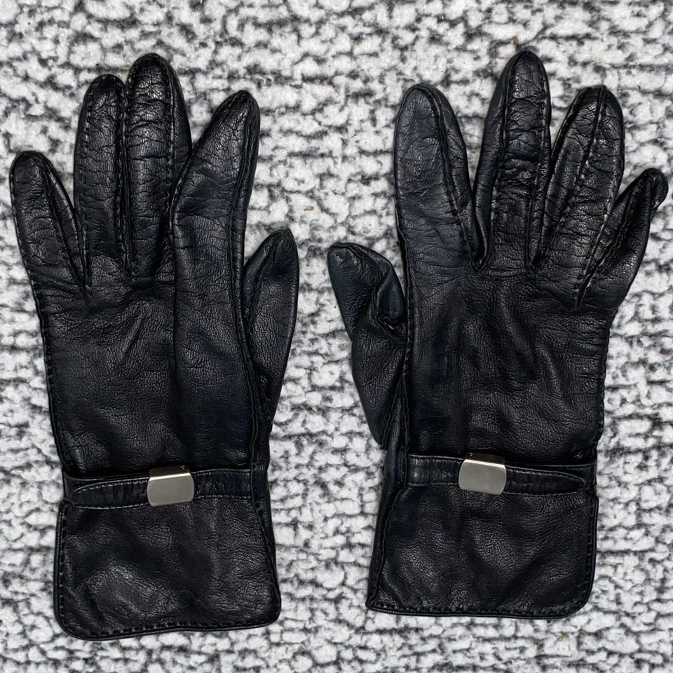 PRADA Milano Black Leather Gloves w/ Silk Lining Adjustable Clasp Size 7-1/2 - Image 2 of 4
