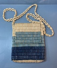 Vintage Wood Beaded Hippy Bead Purse Bag Blue