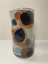 Mexican Hand Blown Art Glass Vase Multicolor Polka Dot Rainbow 8.25”