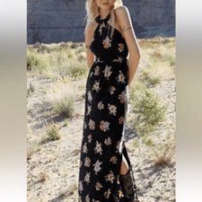 Free People Vintage Floral Halter Maxi Dress Jersey Knit Size XS