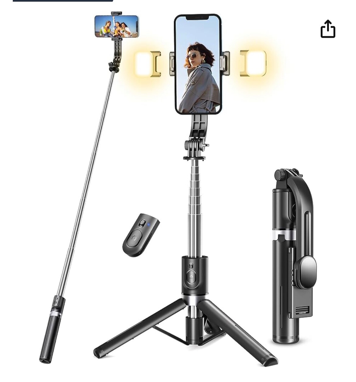 Trépied et perche selfie anti-secousse avec double lampe LED intégrée