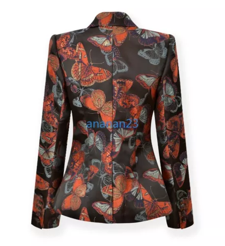 Damen L'AGENCE Jacquard Schmetterling Zweireiher Blazer Jacke Mantel Schwarz Multi - Bild 4 von 16