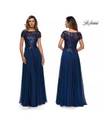 La Femme Floral Lace Satin Chiffon Sequin Gown Dress Sz 8 Navy Blue mother of