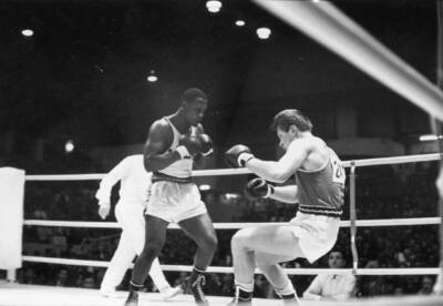 American boxer Joe Frazier fells Soviet opponent Vadim Yemelyan- 1964 Old Photo
