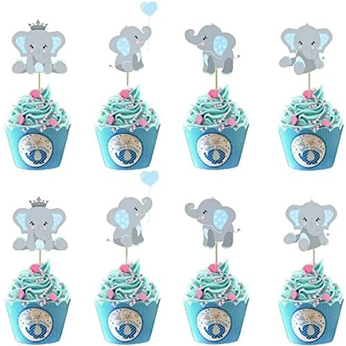 Toppers de cupcakes azul y gris tema elefante decoraciones de baby shower para niño Foto 2 de 4