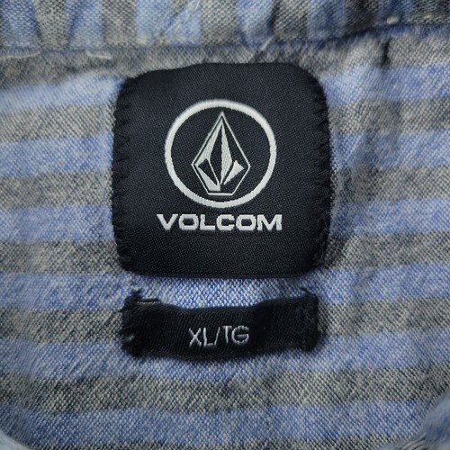 Volcom Button Shirt Men XL Blue Striped Slim Fit Short Sleeve Pocket Patch Adult - Picture 15 of 17
