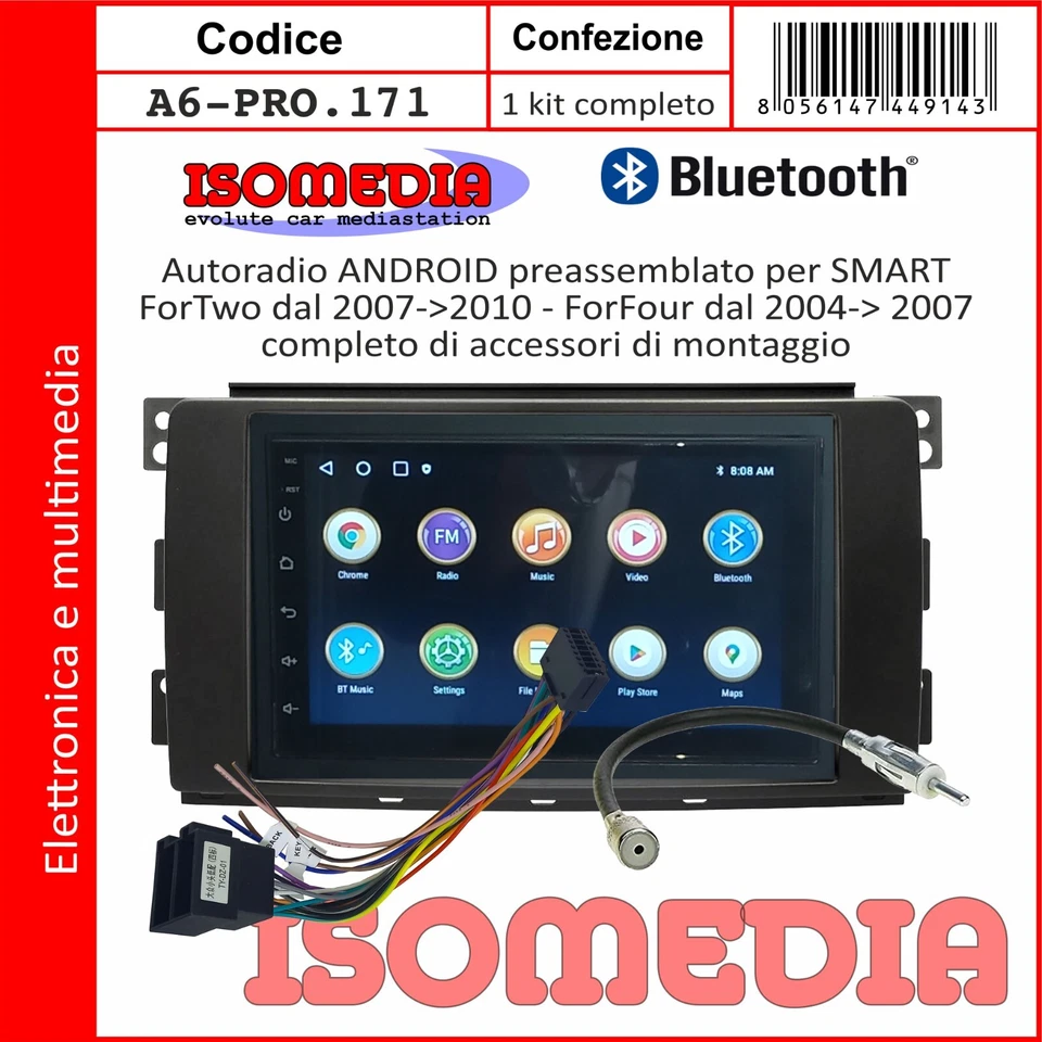 AUTORADIO ANDROID PER SMART FORFOUR 454 2004 A 2007 KIT 4 + 64GB BT- USB - Immagine 3 di 4