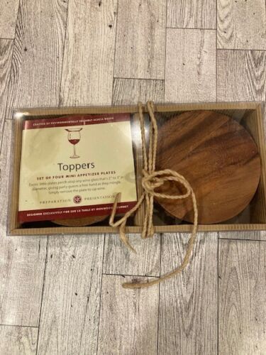 Set of 4 Mini Appetizer Plated Wine Glass Toppers Acacia Wood Brand New! - Afbeelding 1 van 7