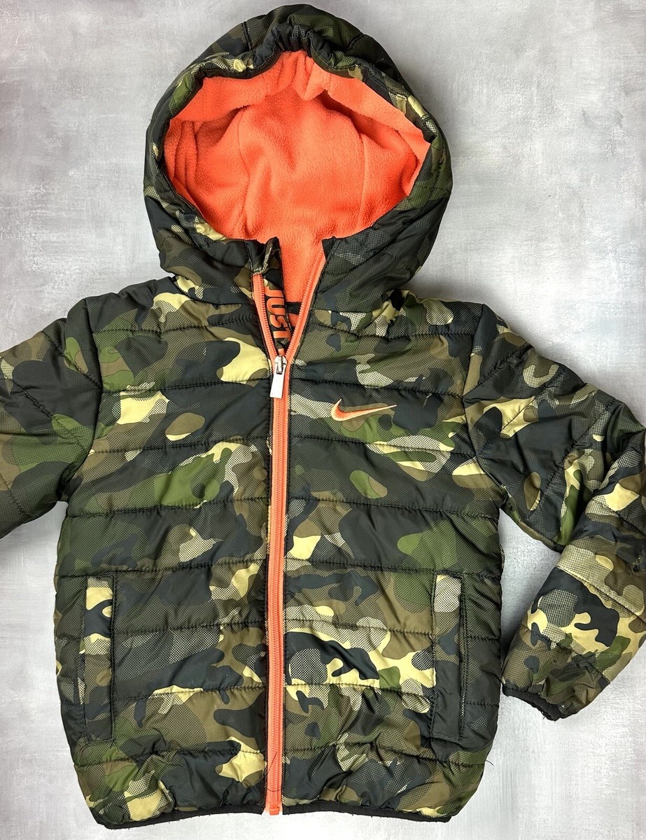 NIKE FULL ZIP HOODED PUFFER COAT Toddler Boy Size CAMO PRINT 0166
