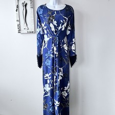 Maria Rao Floral Print Beaded Velvet Sleeve Evening Blue Kaftan Maxi Dress L