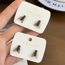 1 Pair Black Tone Fly Stud Earrings Women Small Insect Realistic Classic Jewelry