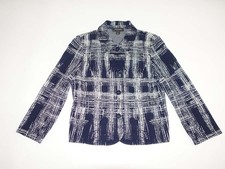 St. John Women's 4 Button Blazer Jacket Size 12 Navy Blue Off White Abstract