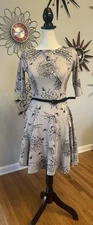 Unique Vintage Medium Brand Gray Cobweb Spider Jersey Dress Belted Witchy