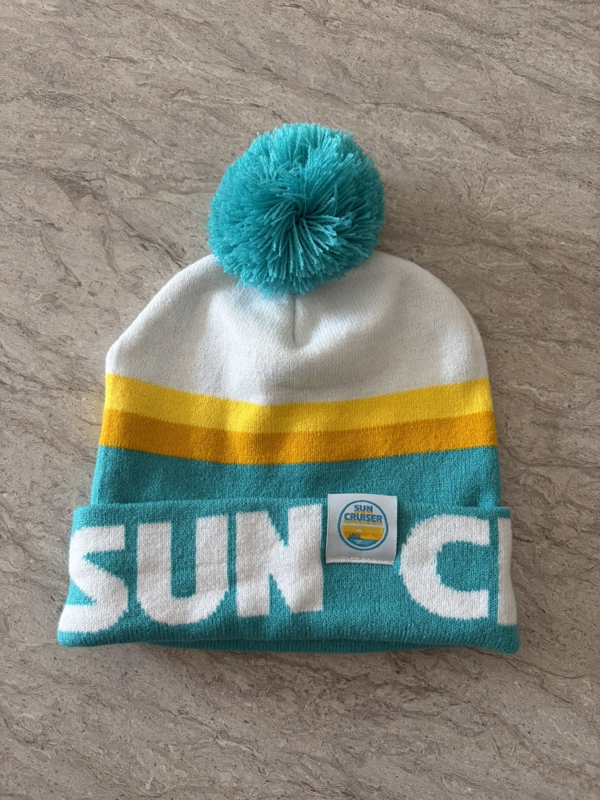 Sun Cruiser Beanie Pom Hat Teal Yellow Knit Winter Cap Hard Seltzer NEW