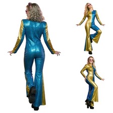 Women Color-blocked Glittery Bodysuit Dancewear Bell-bottom Jumpsuit Vintage