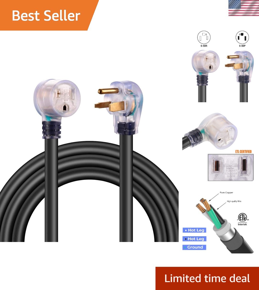 Professionally Rated 25ft Industrial Extension Cord, 50AMP with NEMA 6-50 Plug