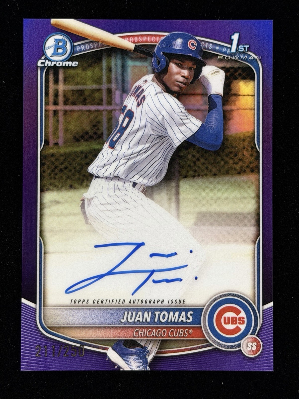 2025 Bowman Chrome Juan Tomas 1st Purple Refractor AUTO 211/250 Chicago Cubs