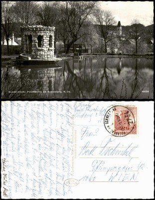 Puchberg am Schneeberg Kurparkteich mit Steinpavillon und Blick zur Kirche 1933